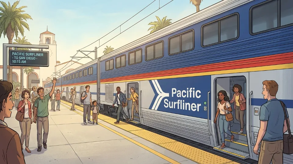 Pacific Surfliner train at station platform in Greater Los Angeles