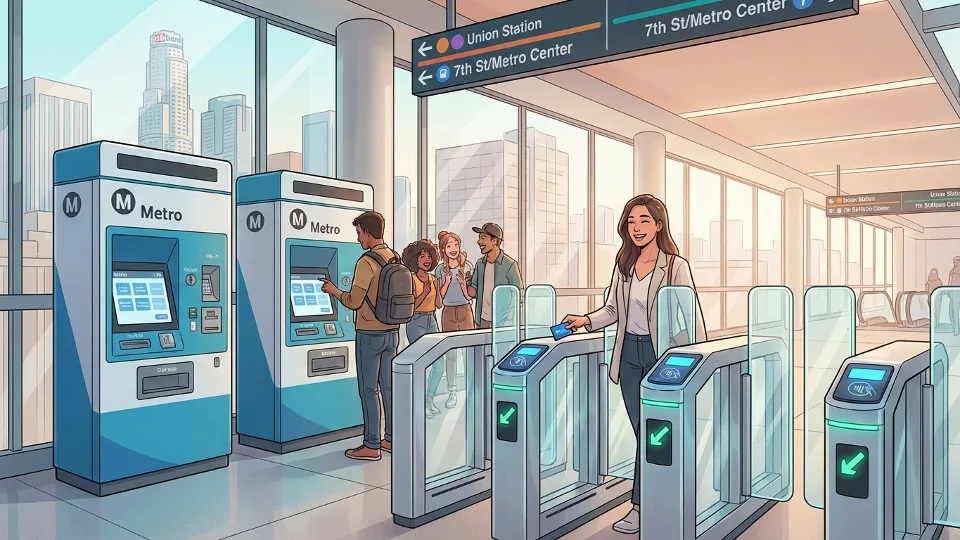 Transit fare gates and ticket machines at Los Angeles area train station