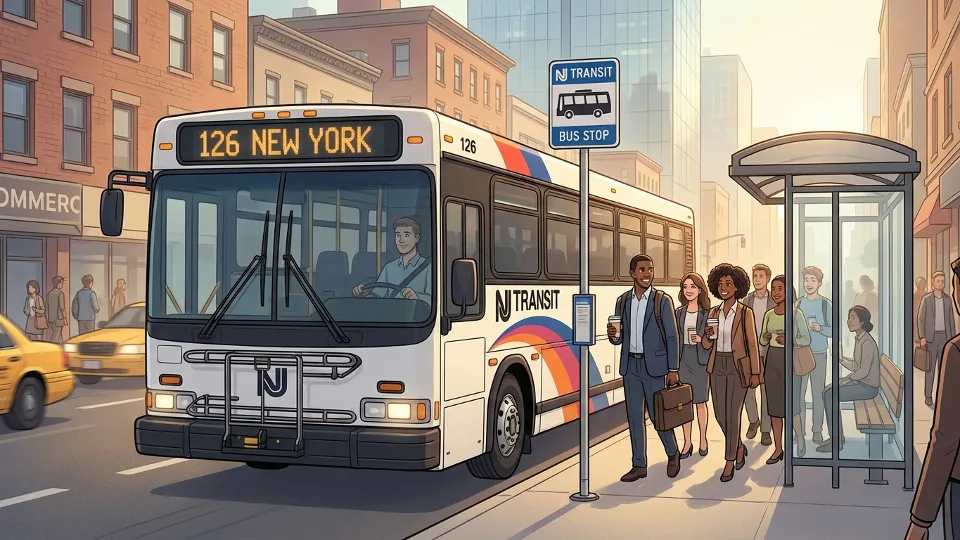 NJ Transit bus at urban bus stop during morning commute with waiting passengers