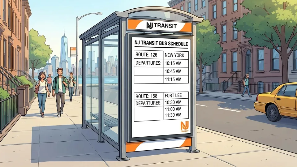 Empty bus stop with schedule display showing NJ Transit route information