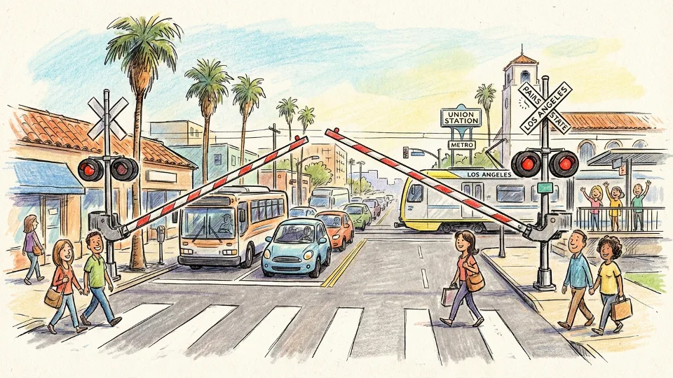 Railroad crossing gate lowered at street intersection with waiting vehicles and pedestrian crosswalk