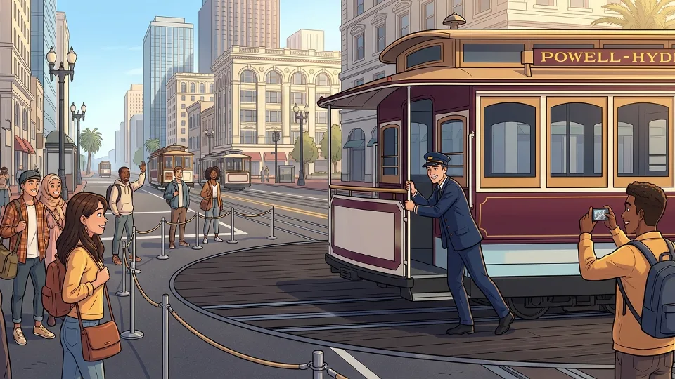 Cable car turntable at Powell and Market station with operator manually rotating car, downtown San Francisco buildings visible