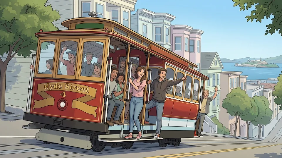 San Francisco cable car on Hyde Street with passengers aboard, classic red and gold livery visible, city hills in background