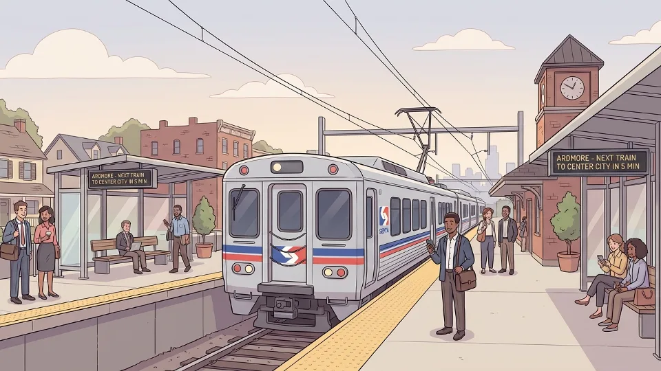 Regional rail train at suburban Philadelphia station platform with passengers waiting