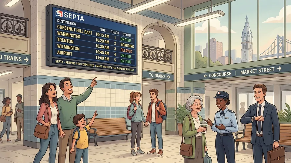 Train departure board showing schedule information at Philadelphia regional rail station