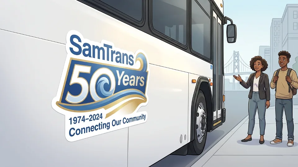 Close-up of SamTrans 50th anniversary commemorative logo on bus exterior