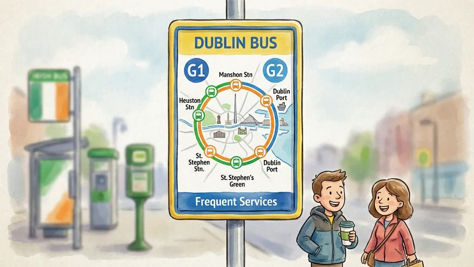 Dublin Bus route map display showing G1 and G2 service information at transit stop