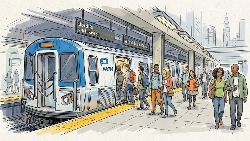PATH train at Journal Square station platform with passengers boarding