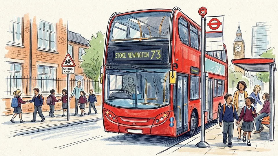 London Transport for London bus at stop near primary school with students visible in background