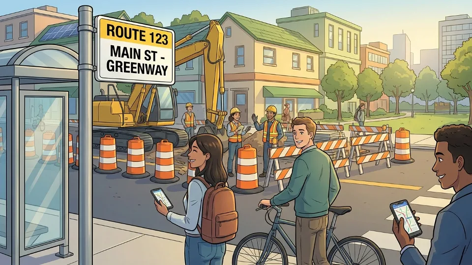 Bus route sign and street view showing urban roadwork construction zone with traffic cones