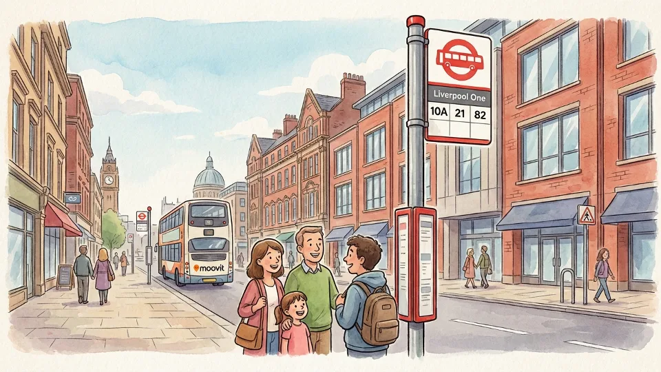 Liverpool One bus stop sign with Hanover Street in background showing city center transit infrastructure