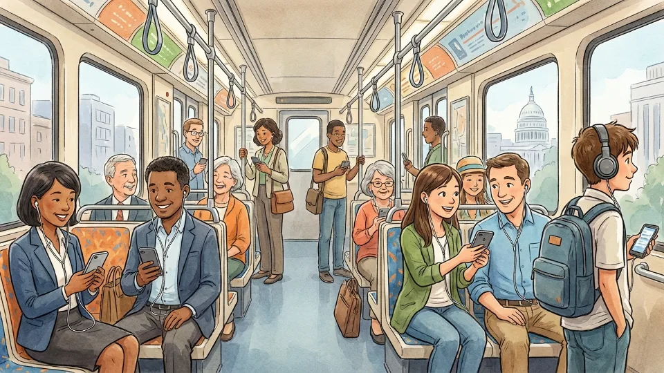 Passengers using smartphones with headphones inside Metro rail car