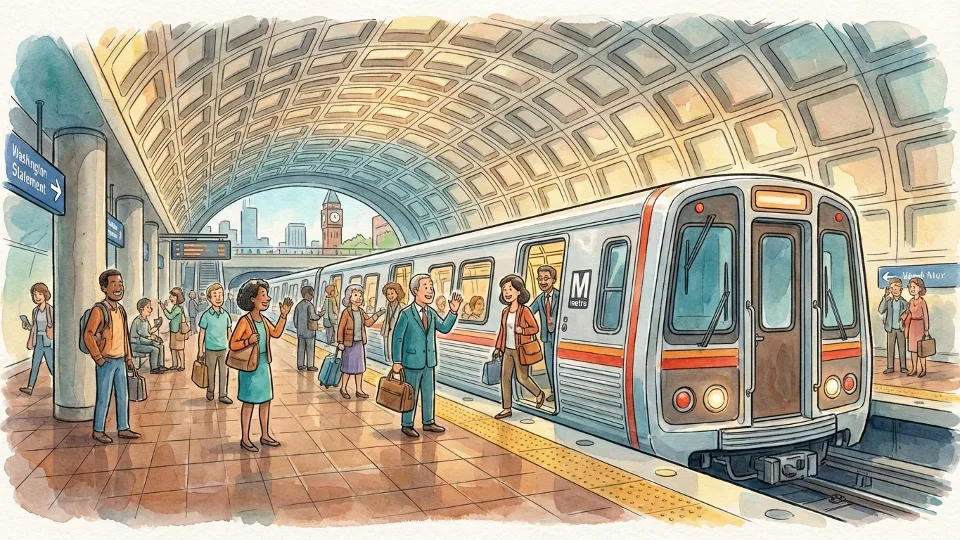 Metro train at downtown Washington DC station platform with passengers boarding during daytime