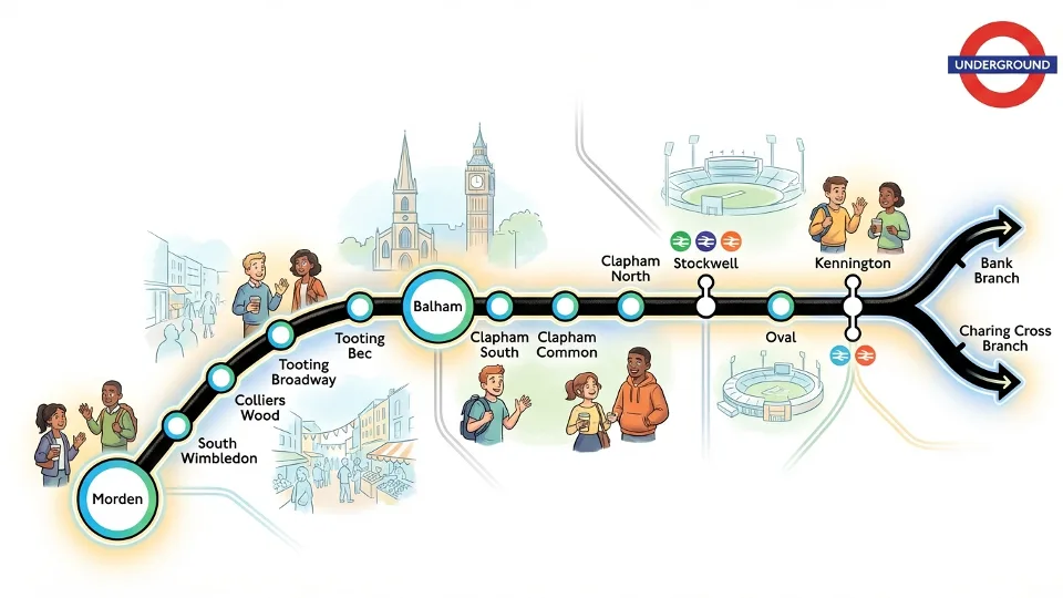 London Underground Northern line route map showing Morden to Kennington section highlighted, TfL network diagram with affected stations marked
