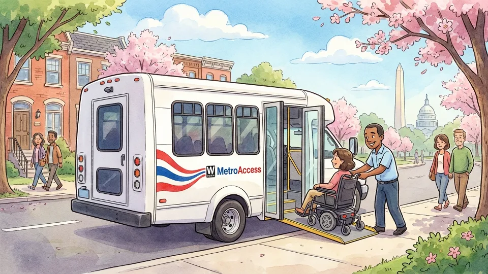 MetroAccess customer boarding paratransit vehicle with assistance from driver, showing accessible door-to-door service for riders with disabilities in Washington metropolitan area