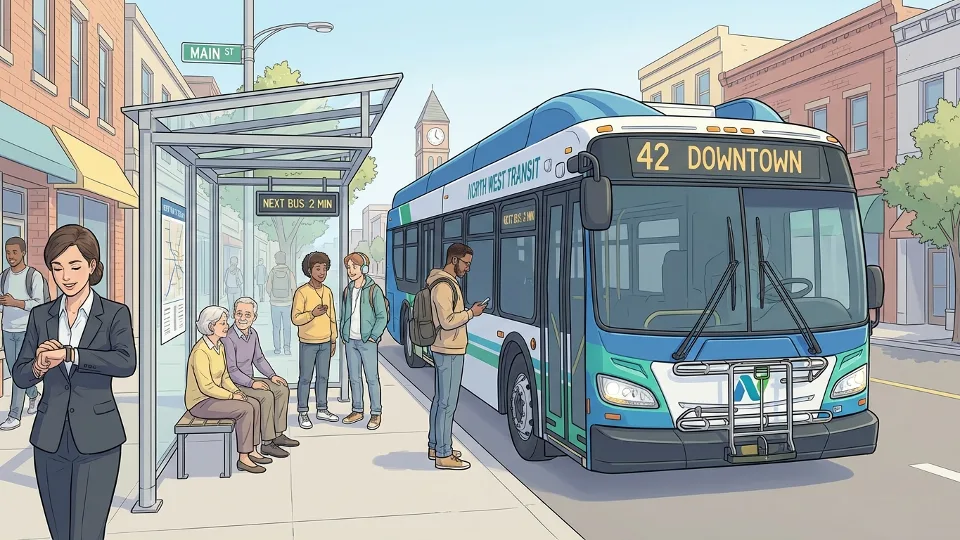 North West metro bus at urban stop with passengers waiting