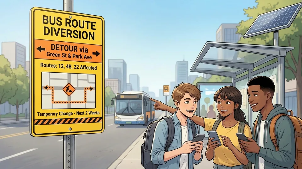 Bus route diversion sign at transit stop showing alternate directions