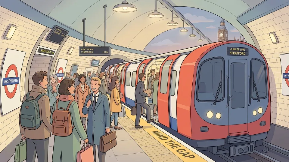 London Underground train at platform with passengers boarding during evening commute