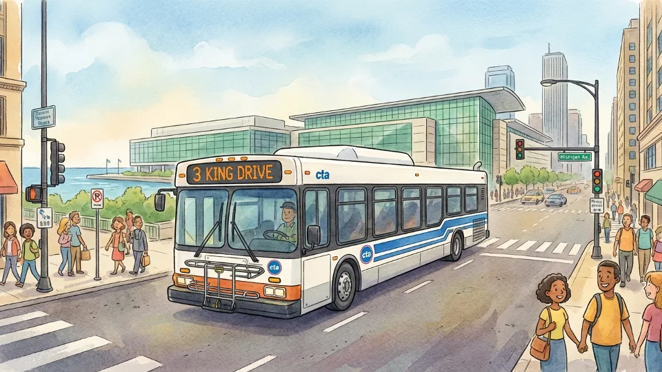 CTA Route 3 bus on Michigan Avenue in downtown Chicago with McCormick Place convention center visible in background