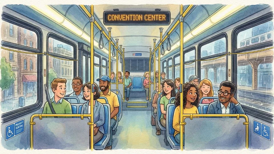 Interior of CTA bus showing passengers seated with convention center destination sign visible