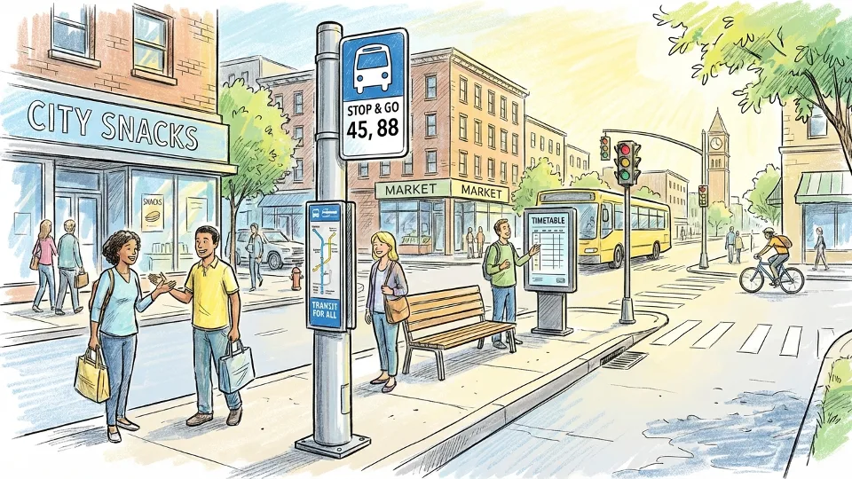 Bus stop sign pole with route number display at urban street corner with commercial storefronts
