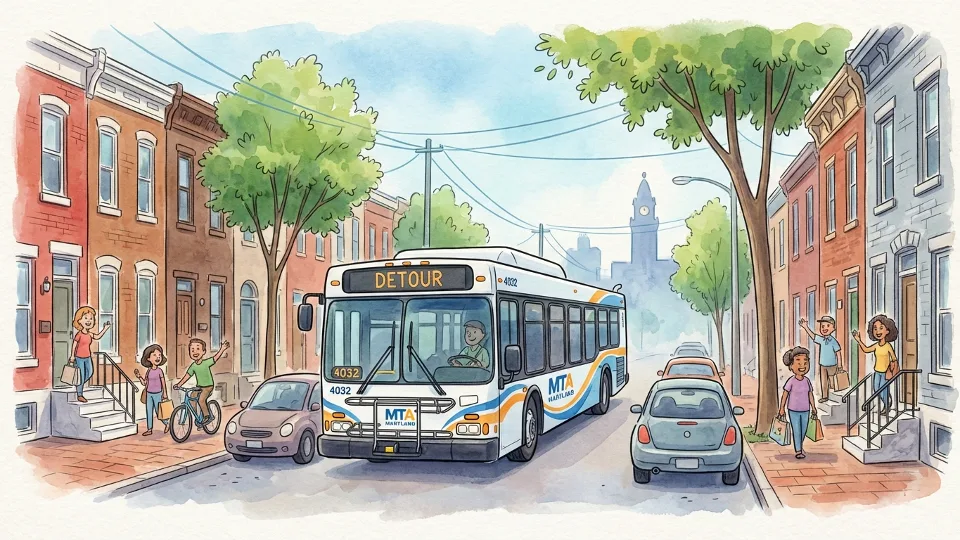 Maryland Transit Administration bus on detour route in Baltimore neighborhood