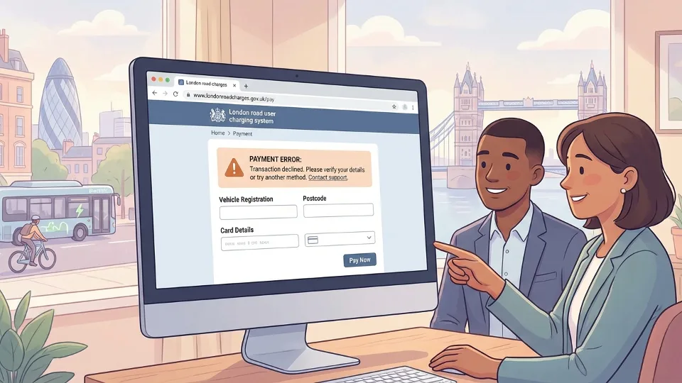 Close-up of a computer screen showing a payment website interface with error message for road user charging system