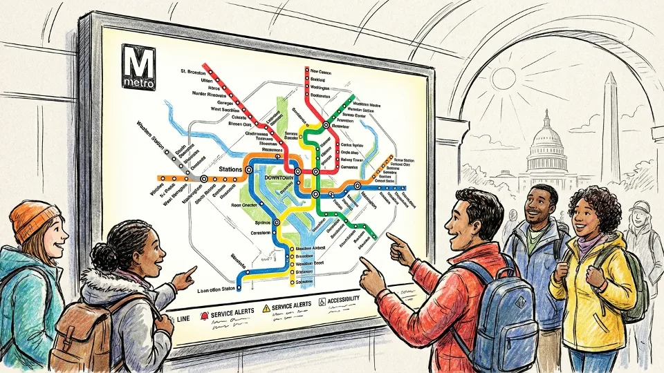 Metro rail map display showing multiple colored transit lines at station entrance