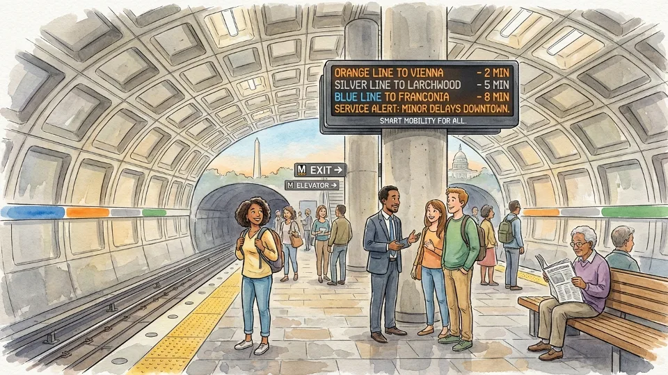 Metro station platform with digital delay information display board