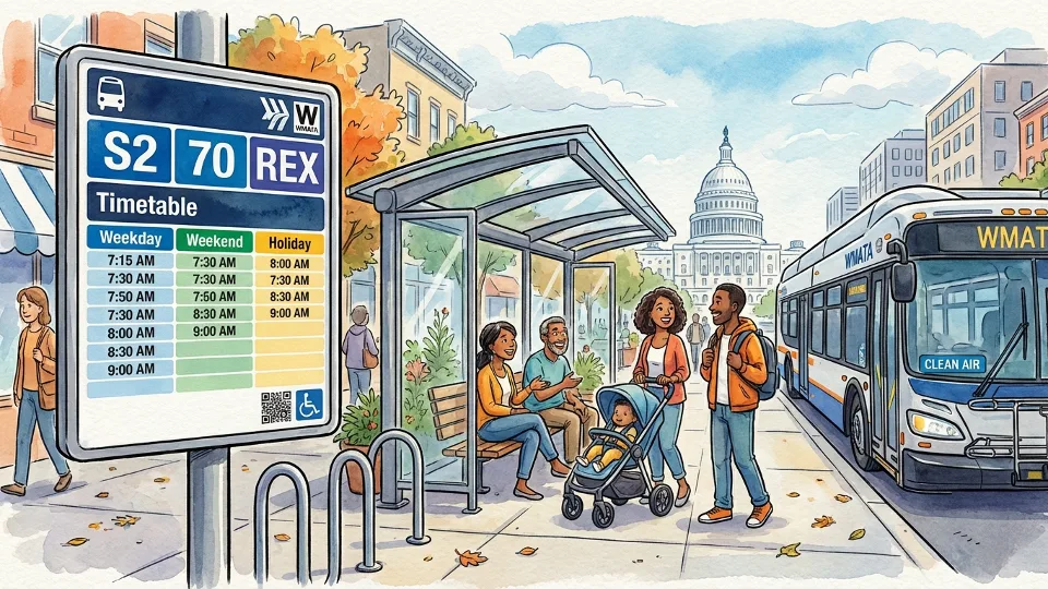 Bus route sign showing schedule information at transit stop