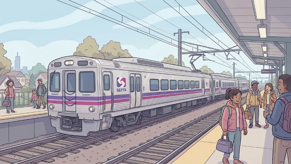 Philadelphia regional rail train on Thorndale line tracks during daytime service