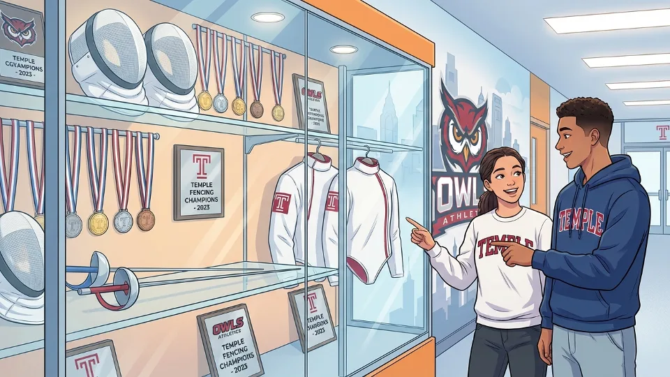 Fencing equipment and medals displayed in Temple University athletic facility