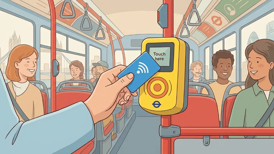 Contactless payment card being held near yellow card reader on London bus