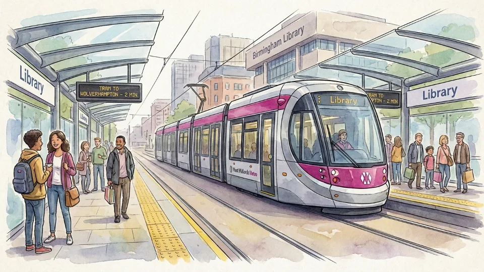 West Midlands tram at Library station platform with passengers waiting