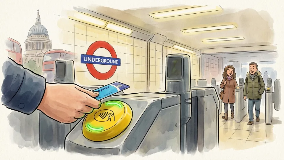 Contactless payment terminal at London Tube station entrance, close-up of hand tapping credit card on yellow card reader, Transport for London roundel logo visible in background