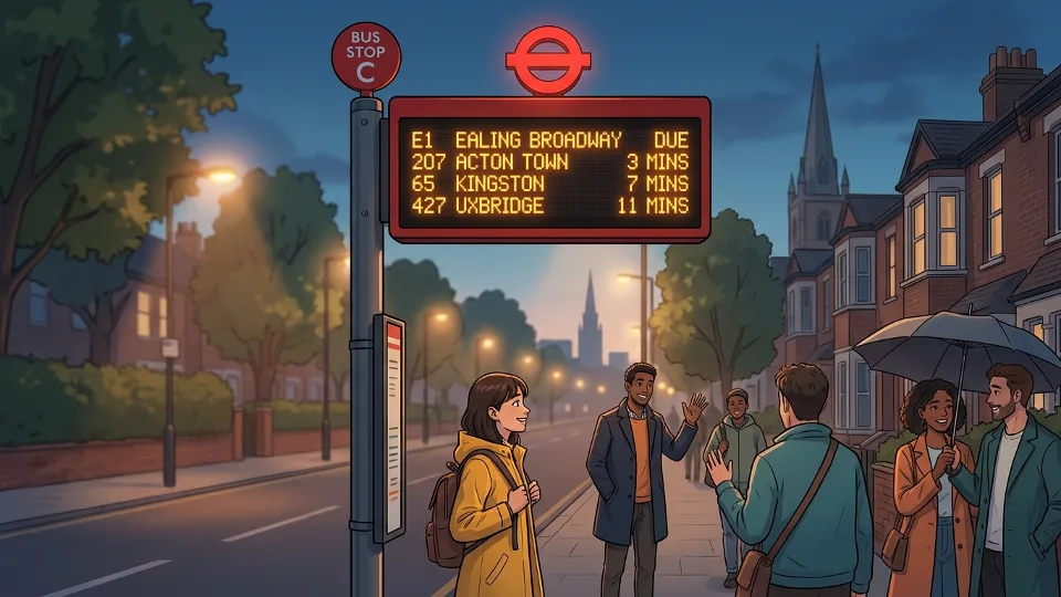 Bus stop information board displaying schedule in evening hours Ealing London
