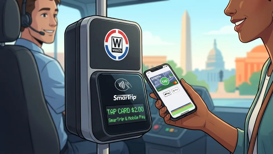 Close-up of Metro fare box showing contactless payment symbol and fare display screen