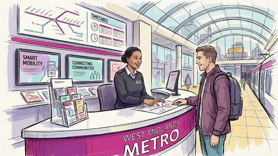 West Midlands Metro customer service desk with representative assisting passenger