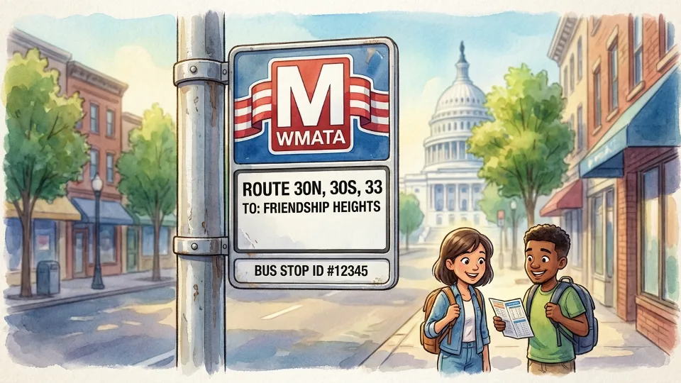Close-up of Metro bus stop sign and pole on city street