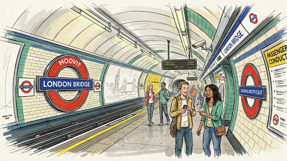 London Underground platform with distinctive roundel signage and tile work, showing station environment where transport rules are posted