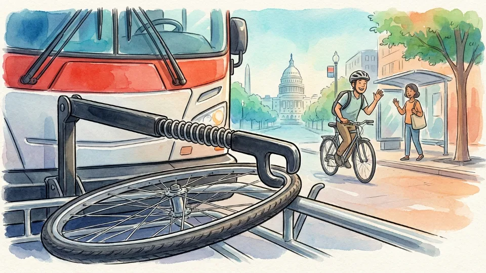 Close-up of bus bike rack front wheel retention mechanism securing bicycle wheel