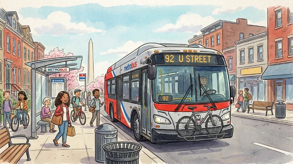 Metro bus with front-mounted bike rack at urban transit stop in Washington DC area