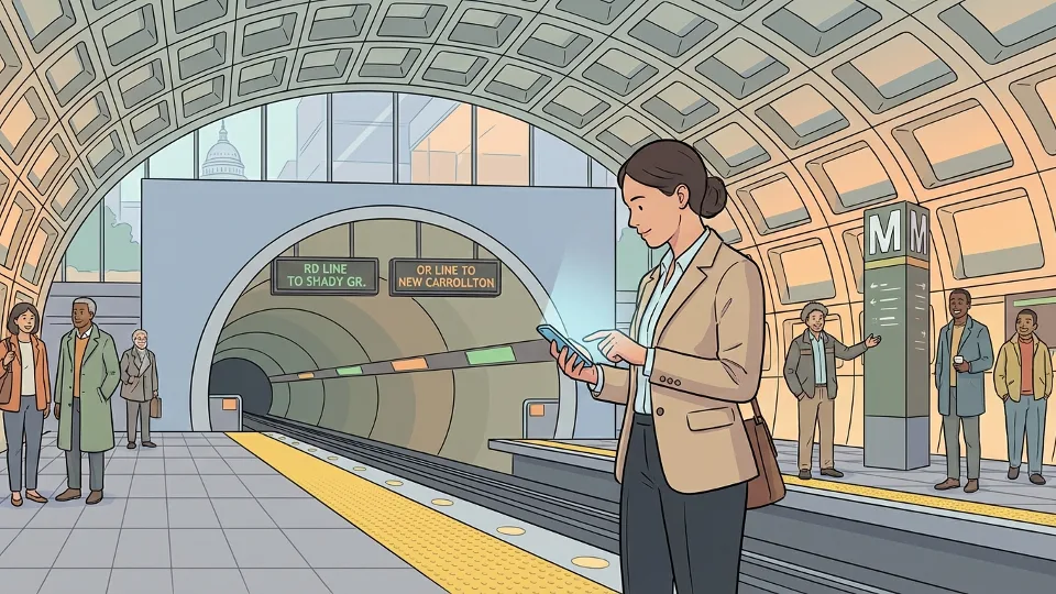 Metro rider checking smartphone for transit updates at station