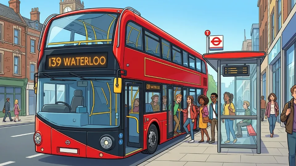 London Transport for London bus at stop with passengers boarding during daytime with iconic red double-decker design