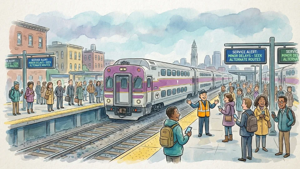 Commuter rail train at station platform with passengers waiting during service disruption