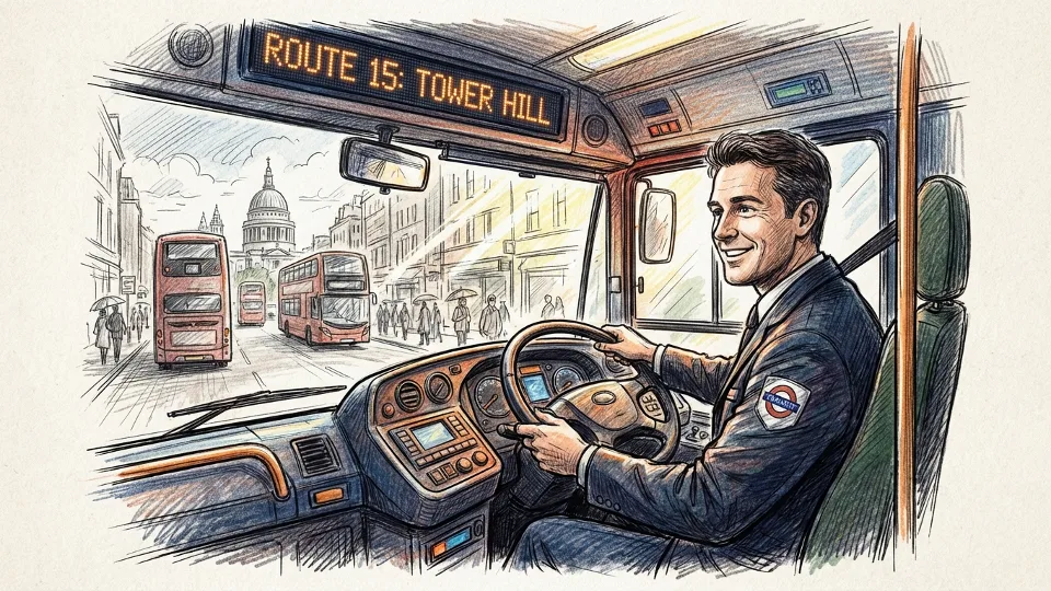 Bus driver at controls navigating London street, focused professional demeanor, interior view showing route signage