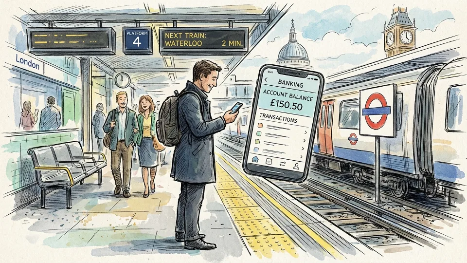 Passenger checking mobile phone banking app while standing at London train platform