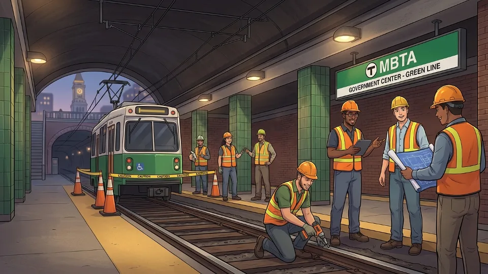 MBTA maintenance crew working on Green Line tracks at downtown Boston station