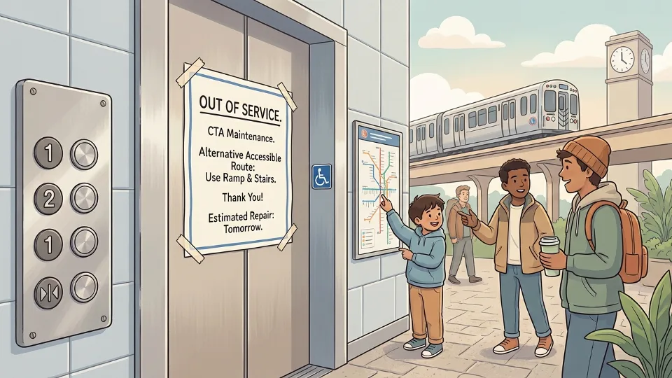 Close-up of out-of-service elevator with CTA maintenance notice posted, showing elevator control panel and accessibility signage at Chicago transit station