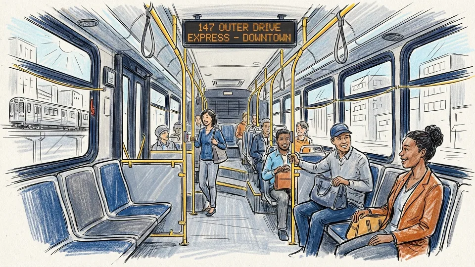 CTA bus interior showing passenger seating and route map display, modern transit vehicle with accessibility features